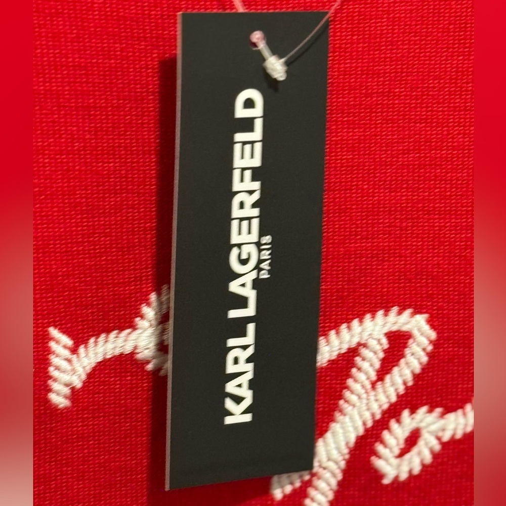 Karl Lagerfeld NWT Sz L Signature Karl Red White Embroidered Knit Sweater (0549) - Picture 10 of 11